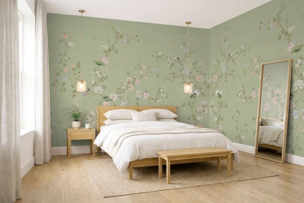 Tapet Ramuri înflorite cu păsări pe fond verde deschis, Fototapet în stil oriental, w05416 : Uwalls.ro