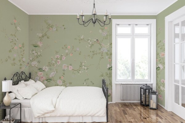 Tapet Ramuri înflorite cu păsări pe fond verde deschis, Fototapet în stil oriental, w05416 : Uwalls.ro