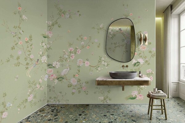 Tapet Ramuri înflorite cu păsări pe fond verde deschis, Fototapet în stil oriental, w05416 : Uwalls.ro