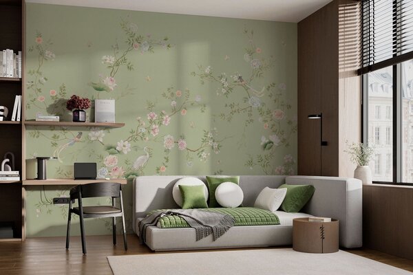 Tapet Ramuri înflorite cu păsări pe fond verde deschis, Fototapet în stil oriental, w05416 : Uwalls.ro