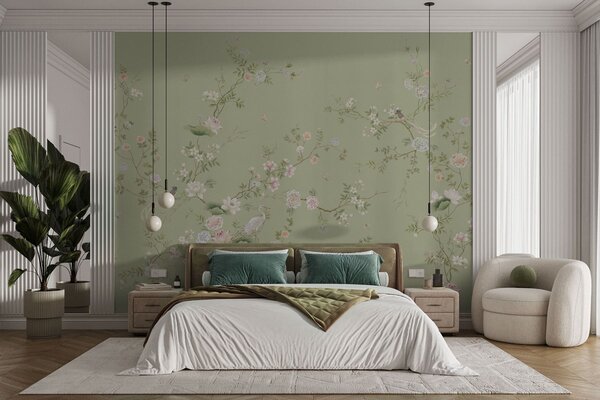 Tapet Ramuri înflorite cu păsări pe fond verde deschis, Fototapet în stil oriental, w05416 : Uwalls.ro