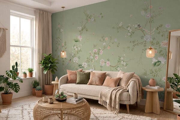Tapet Ramuri înflorite cu păsări pe fond verde deschis, Fototapet în stil oriental, w05416 : Uwalls.ro