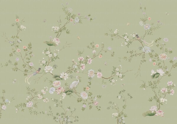 Tapet Ramuri înflorite cu păsări pe fond verde deschis, Fototapet în stil oriental, w05416 : Uwalls.ro