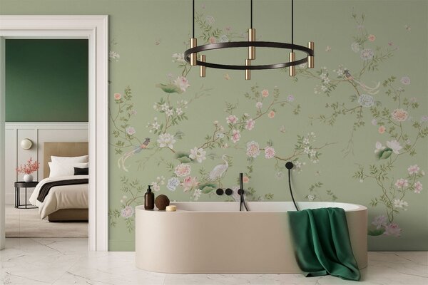 Tapet Ramuri înflorite cu păsări pe fond verde deschis, Fototapet în stil oriental, w05416 : Uwalls.ro