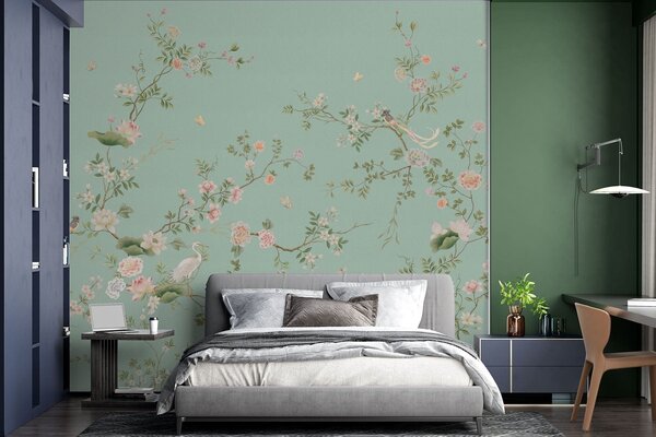 Tapet Ramuri înflorite cu păsări pe fundal albastru, Fototapet în stil oriental, w05416v1 : Uwalls.ro