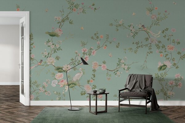 Tapet Ramuri înflorite cu păsări pe fundal albastru, Fototapet în stil oriental, w05416v1 : Uwalls.ro