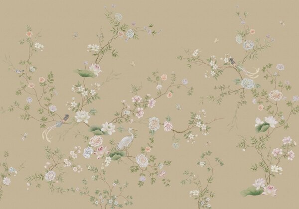 Tapet Ramuri înflorite cu păsări pe un fundal bej cald, Fototapet în stil oriental, w05416v2 : Uwalls.ro