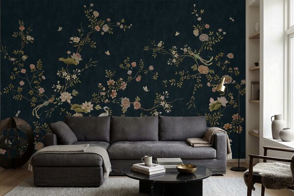 Tapet Ramuri înflorite cu păsări pe fundal întunecat, Fototapet în stil oriental, w05416v3 : Uwalls.ro