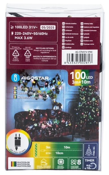 Aigostar - Ghirlandă de Crăciun LED pentru exterior, 100xLED/8 funcții, 13m, IP44, multicoloră