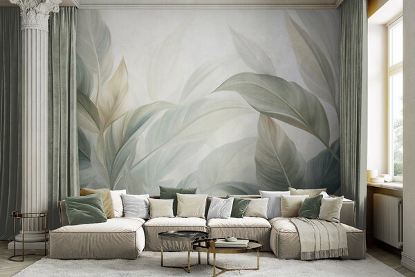 Tapet Frunze tropicale mari, de un verde pal, cu nuanțe delicate, pastelate, și texturi, Fototapet Natură, Fototapet Frunze, w09816 : Uwalls.ro