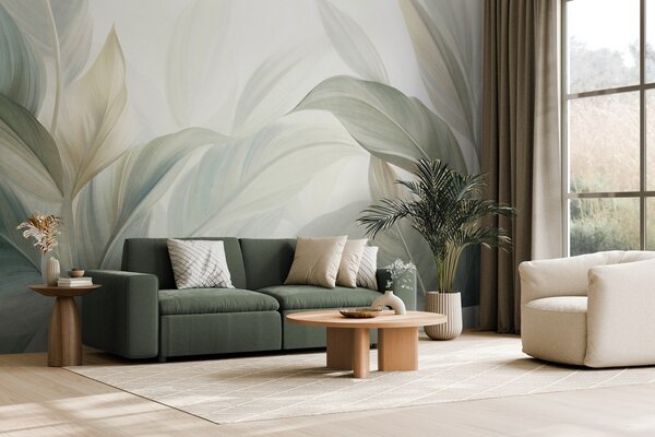 Tapet Frunze tropicale mari, de un verde pal, cu nuanțe delicate, pastelate, și texturi, Fototapet Natură, Fototapet Frunze, w09816 : Uwalls.ro