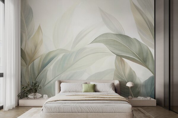 Tapet Frunze tropicale mari, de un verde pal, cu nuanțe delicate, pastelate, și texturi, Fototapet Natură, Fototapet Frunze, w09816 : Uwalls.ro
