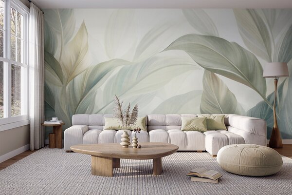 Tapet Frunze tropicale mari, de un verde pal, cu nuanțe delicate, pastelate, și texturi, Fototapet Natură, Fototapet Frunze, w09816 : Uwalls.ro