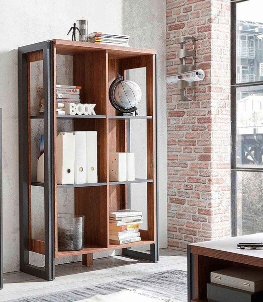 Bibliotecă ~Praga~ cu aspect industrial, modern, culoare maro-gri antracit, 90 cm lățime