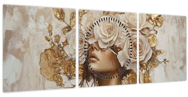 Tablou - Fată cu Trandafiri (cu ceas) (90x30 cm)