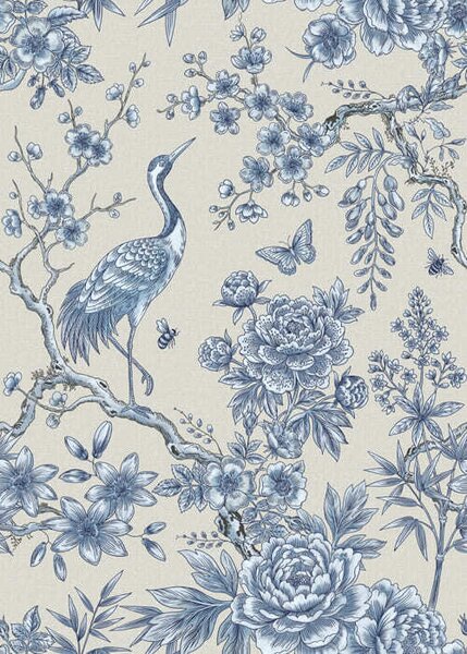 Tapet Ornament floral albastru cu pasăre și ramuri, Tapet stil oriental, a01132 : Uwalls.ro