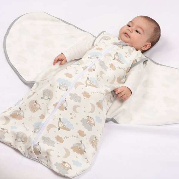Sac de dormit bebelusi cu sistem de infasare din bumbac flausat Kidizi On a Cloud Pastel, 0-6 luni, 1 tog