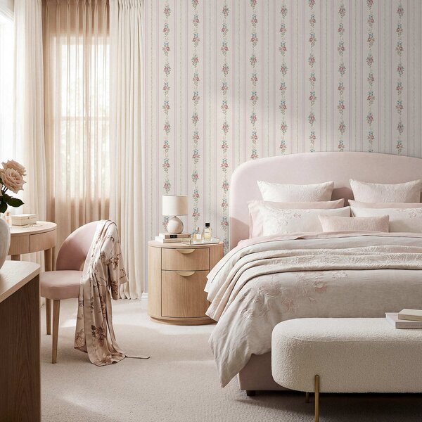 Tapet Model floral cu dungi, în culori delicate, Tapet flori, a01130 : Uwalls.ro
