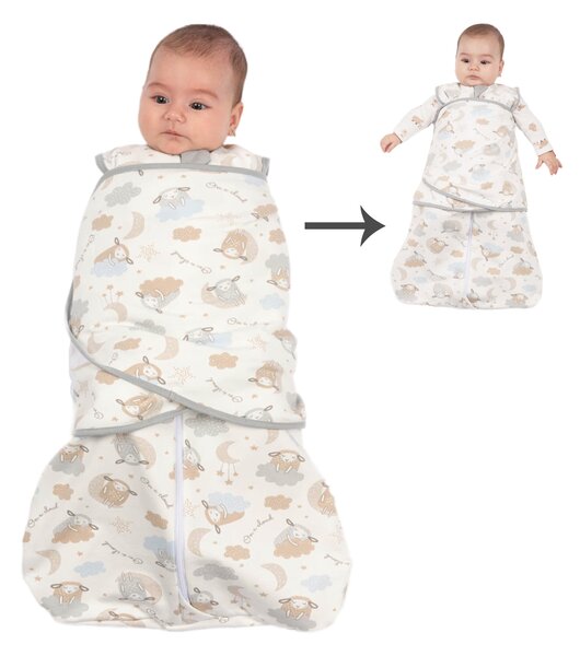 Sac de dormit bebelusi cu sistem de infasare din bumbac flausat Kidizi Galaxy Grey, 0-6 luni, 1 tog