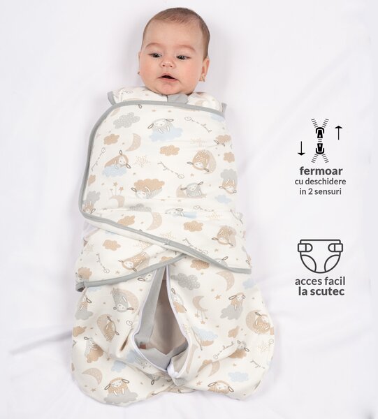 Sac de dormit bebelusi cu sistem de infasare din bumbac flausat Kidizi On a Cloud Pastel, 0-6 luni, 1 tog