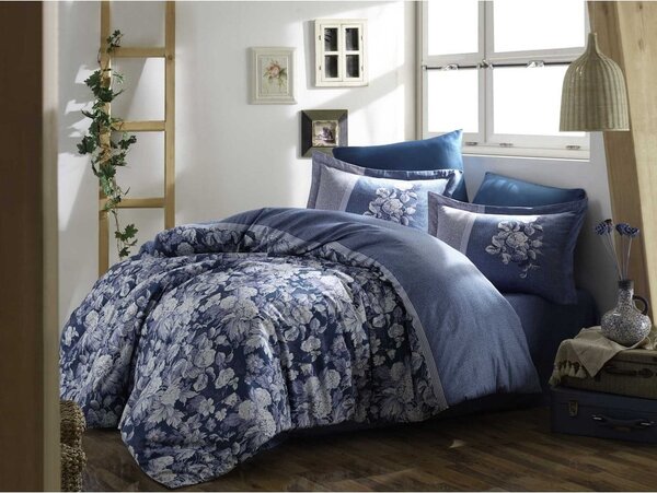 Lenjerie de pat dublu albastră din bumbac satinat extinsă cu cearșaf și cuvertură 240x260 cm Amalia – Mijolnir