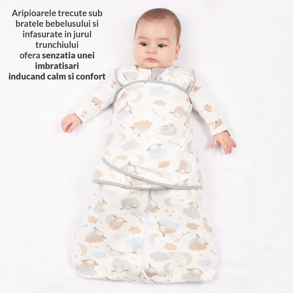 Sac de dormit bebelusi cu sistem de infasare din bumbac flausat Kidizi On a Cloud Pastel, 0-6 luni, 1 tog