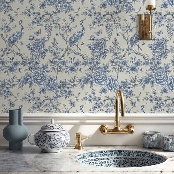 Tapet Ornament floral albastru cu pasăre și ramuri, Tapet stil oriental, a01132 : Uwalls.ro