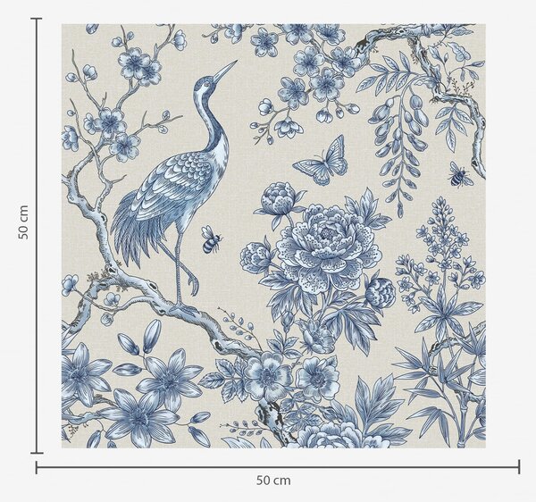 Tapet Ornament floral albastru cu pasăre și ramuri, Tapet stil oriental, a01132 : Uwalls.ro