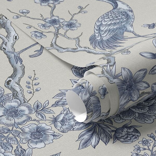 Tapet Ornament floral albastru cu pasăre și ramuri, Tapet stil oriental, a01132 : Uwalls.ro