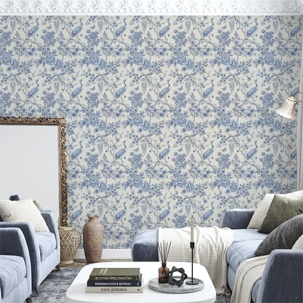 Tapet Ornament floral albastru cu pasăre și ramuri, Tapet stil oriental, a01132 : Uwalls.ro
