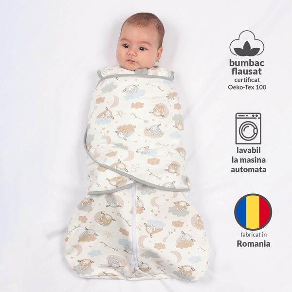 Sac de dormit bebelusi cu sistem de infasare din bumbac flausat Kidizi On a Cloud Pastel, 0-6 luni, 1 tog