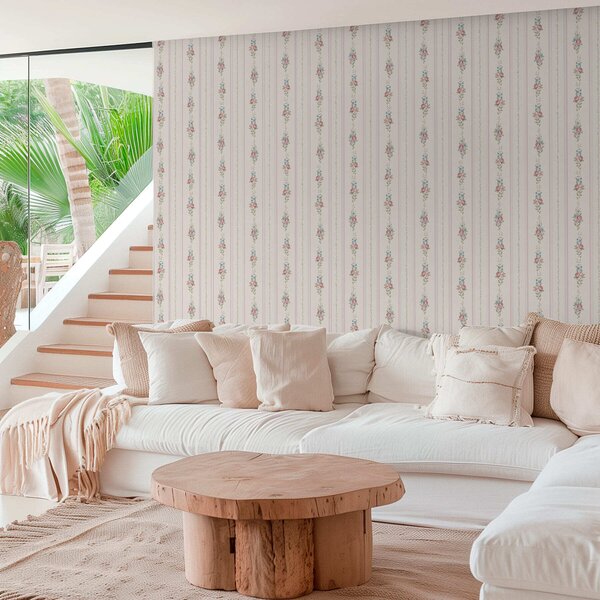 Tapet Model floral cu dungi, în culori delicate, Tapet flori, a01130 : Uwalls.ro