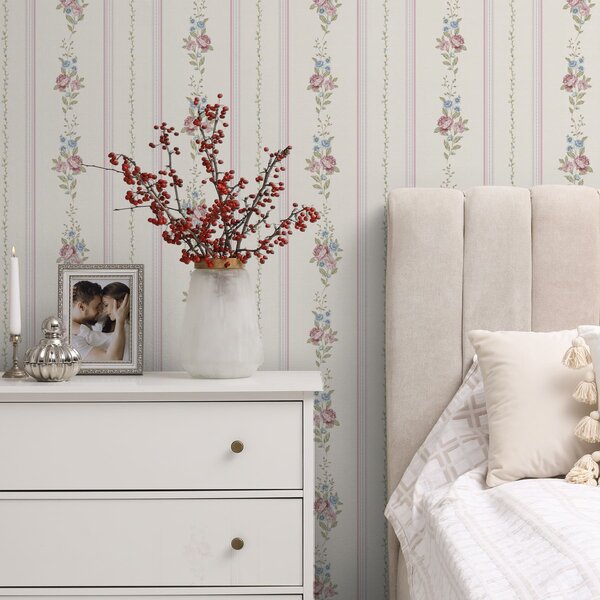 Tapet Model floral cu dungi, în culori delicate, Tapet flori, a01130 : Uwalls.ro
