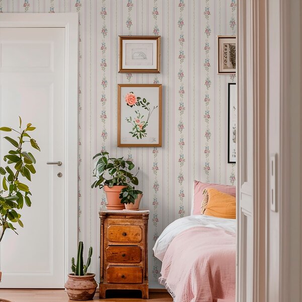 Tapet Model floral cu dungi, în culori delicate, Tapet flori, a01130 : Uwalls.ro