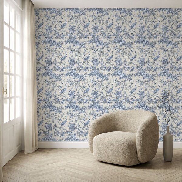 Tapet Ornament floral albastru cu pasăre și ramuri, Tapet stil oriental, a01132 : Uwalls.ro