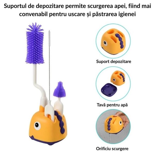 Set perie curatare biberoane cu suport 4 in 1 Kidizi DinoCare Purple, 0% BPA, pentru biberoane, tetine si paie