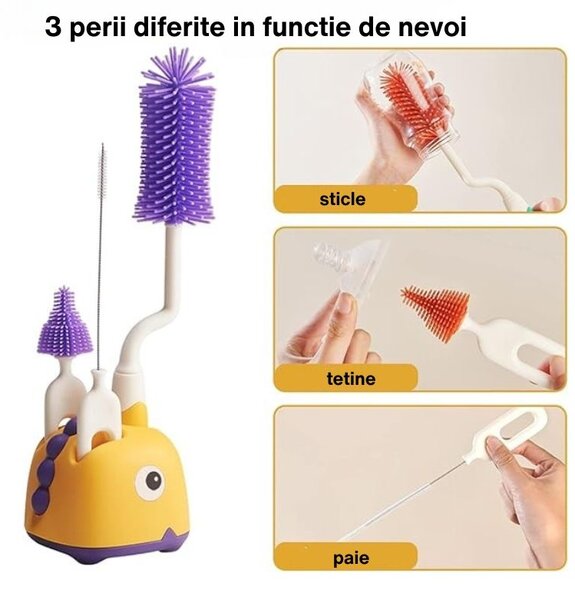 Set perie curatare biberoane cu suport 4 in 1 Kidizi DinoCare Purple, 0% BPA, pentru biberoane, tetine si paie