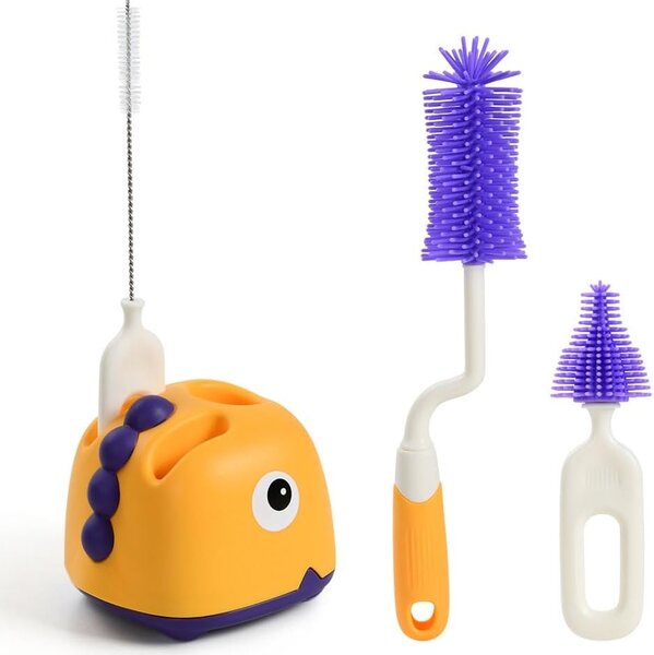Set perie curatare biberoane cu suport 4 in 1 Kidizi DinoCare Purple, 0% BPA, pentru biberoane, tetine si paie