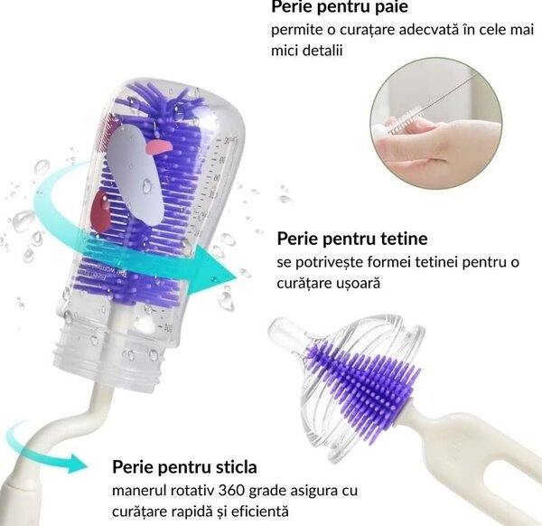 Set perie curatare biberoane cu suport 4 in 1 Kidizi DinoCare Purple, 0% BPA, pentru biberoane, tetine si paie