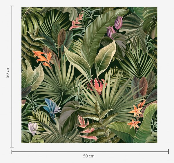Tapet Frunze tropicale cu flori pe fundal întunecat, Tapet natura, Tapet frunze, a01153 : Uwalls.ro