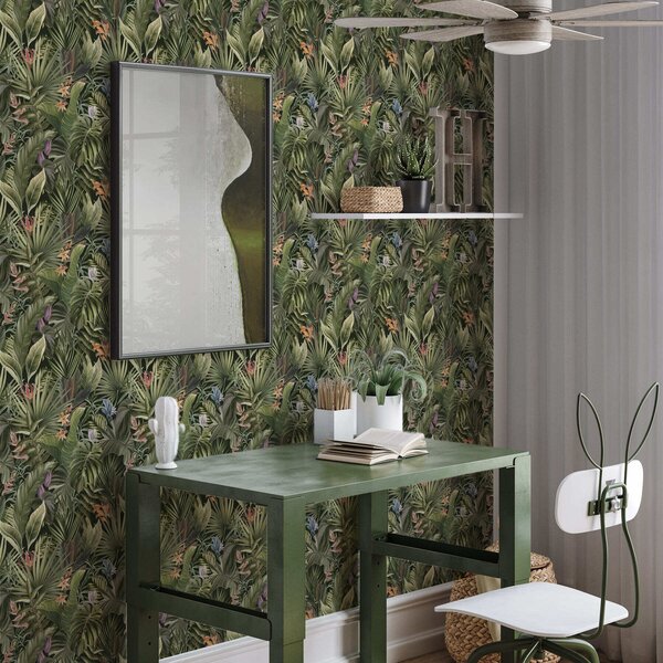 Tapet Frunze tropicale cu flori pe fundal întunecat, Tapet natura, Tapet frunze, a01153 : Uwalls.ro