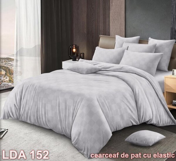 Lenjerie de pat, 2 persoane, damasc, cu elastic, model carouri, culoare uni, gri , LDA152