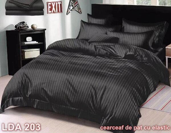 Lenjerie de pat, 2 persoane, damasc, cu elastic, model linii, culoare uni, negru , LDA203
