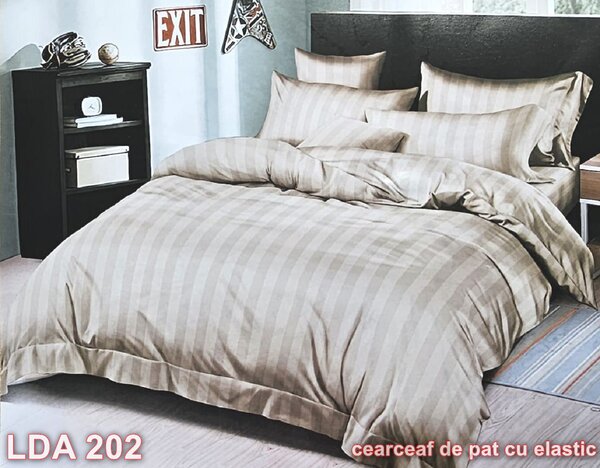 Lenjerie de pat, 2 persoane, damasc, cu elastic, model linii, culoare uni, bej , LDA202