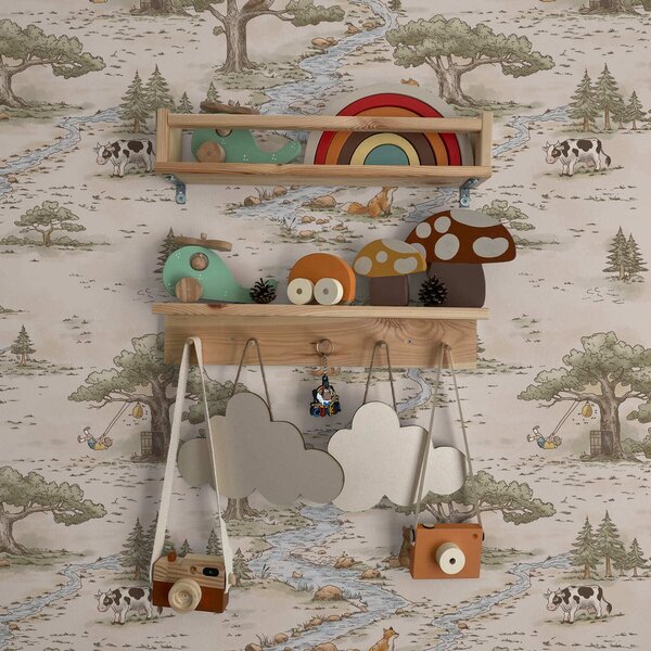 Tapet Ilustrație naturalistă cu animale și un râu, Tapet pădure, a01157 : Uwalls.ro