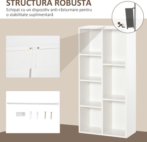 HOMCOM Bibliotecă din Lem Stil Vintage Cubica cu 7 Suporturi Diferite din MDF pentru Casă și Birou, 50x24x106 cm, Alb | Aosom Romania