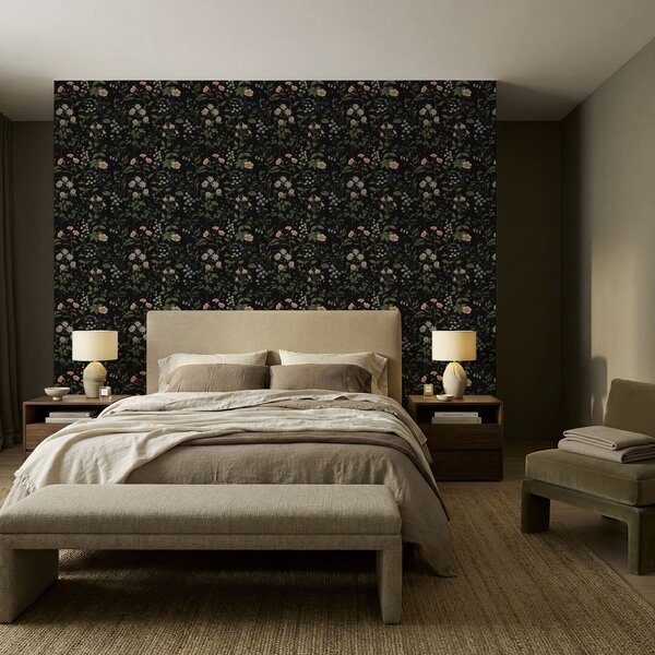 Tapet Motiv floral pe fond negru cu stele, Tapet flori, a01160 : Uwalls.ro