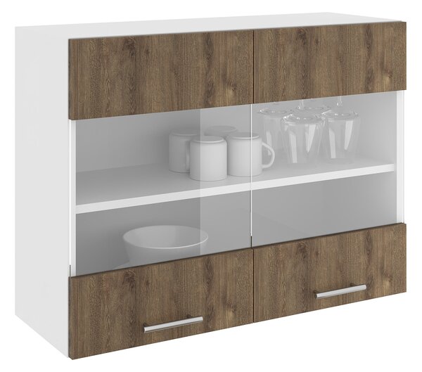 Corp haaus Karo, 2 Usi, cu sticla, Stejar Bronz/Alb, 80 x 30 x 60 cm