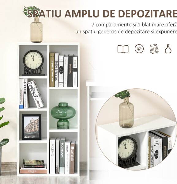 HOMCOM Bibliotecă din Lem Stil Vintage Cubica cu 7 Suporturi Diferite din MDF pentru Casă și Birou, 50x24x106 cm, Alb | Aosom Romania