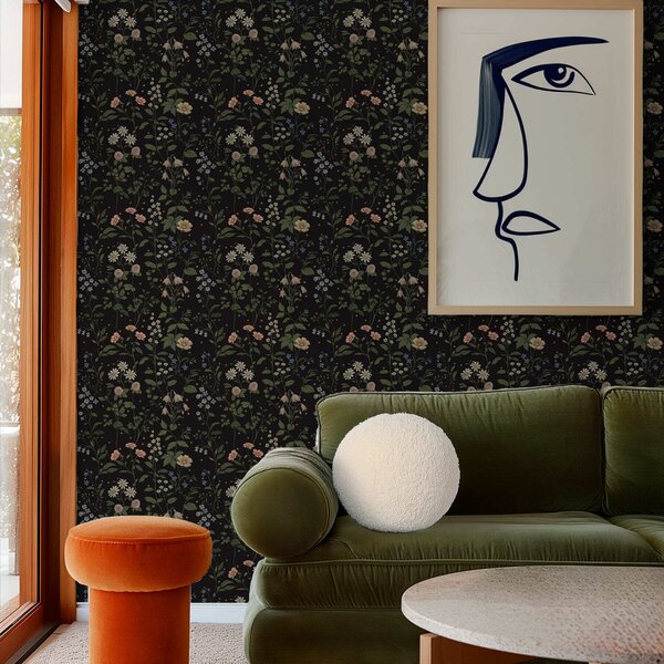 Tapet Motiv floral pe fond negru cu stele, Tapet flori, a01160 : Uwalls.ro